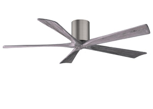 Matthews Fan IR5H-BP-BW-60 Irene-5H five-blade flush mount paddle fan in Brushed Pewter finish with 60” solid barn wood tone blades. 