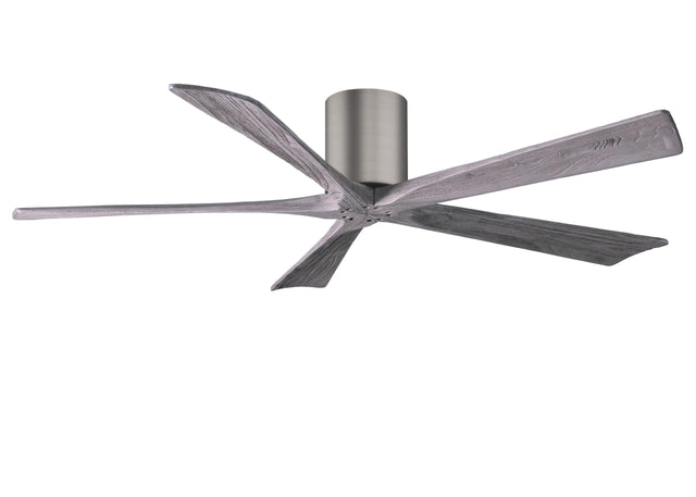 Matthews Fan IR5H-BP-BW-60 Irene-5H five-blade flush mount paddle fan in Brushed Pewter finish with 60” solid barn wood tone blades. 
