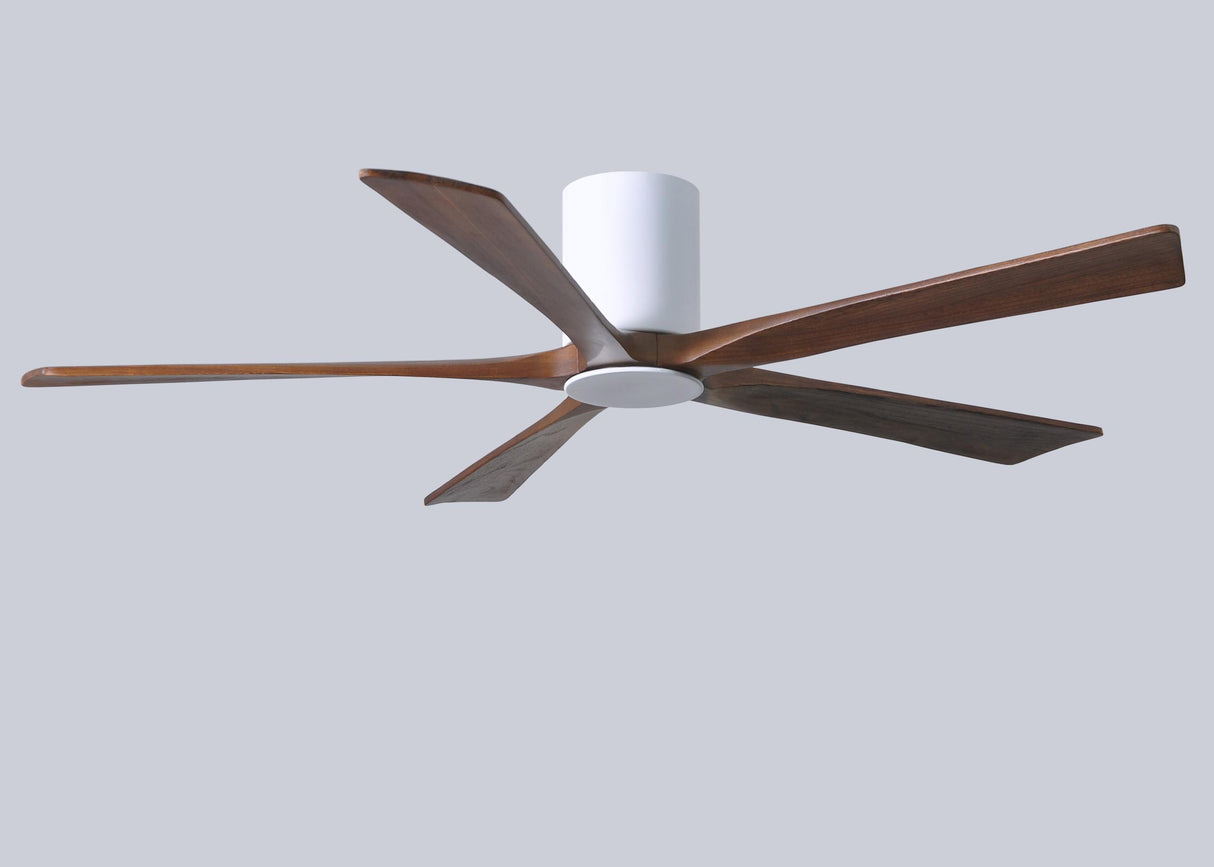 Matthews Fan IR5HLK-WH-WA-60 IR5HLK five-blade flush mount paddle fan in Gloss White finish with 60” solid walnut tone blades and integrated LED light kit.