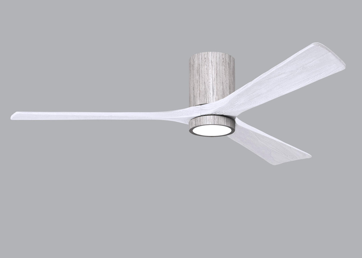 Matthews Fan IR3HLK-BW-MWH-60 Irene-3HLK three-blade flush mount paddle fan in Barn Wood finish with 60” solid matte white wood blades and integrated LED light kit.