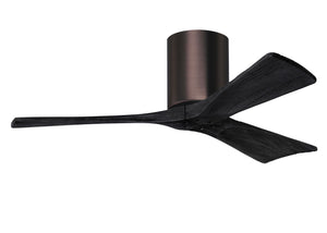 Matthews Fan IR3H-BB-BK-42 Irene-3H three-blade flush mount paddle fan in Brushed Bronze finish with 42” solid matte black wood blades. 