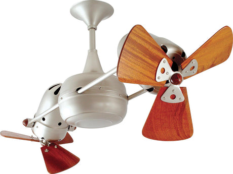 Matthews Fan DD-BN-WD-DAMP Duplo Dinamico 360” rotational dual head ceiling fan in Brushed Nickel finish with solid sustainable mahogany wood blades for damp locations.