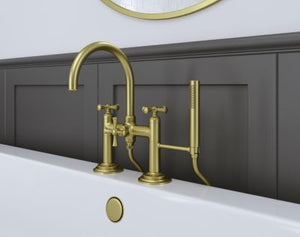 Pfister Brushed Gold Deck Mount 2-handle Tub Filler With Hand Shower LG6-2TBBG