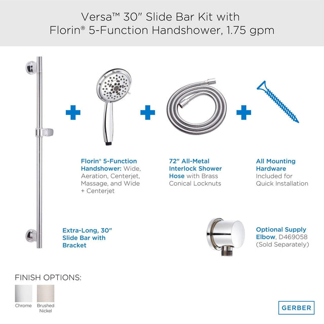 Gerber D461739 Chrome Versa 30" Slide Bar Assembly With Florin 5-function H...