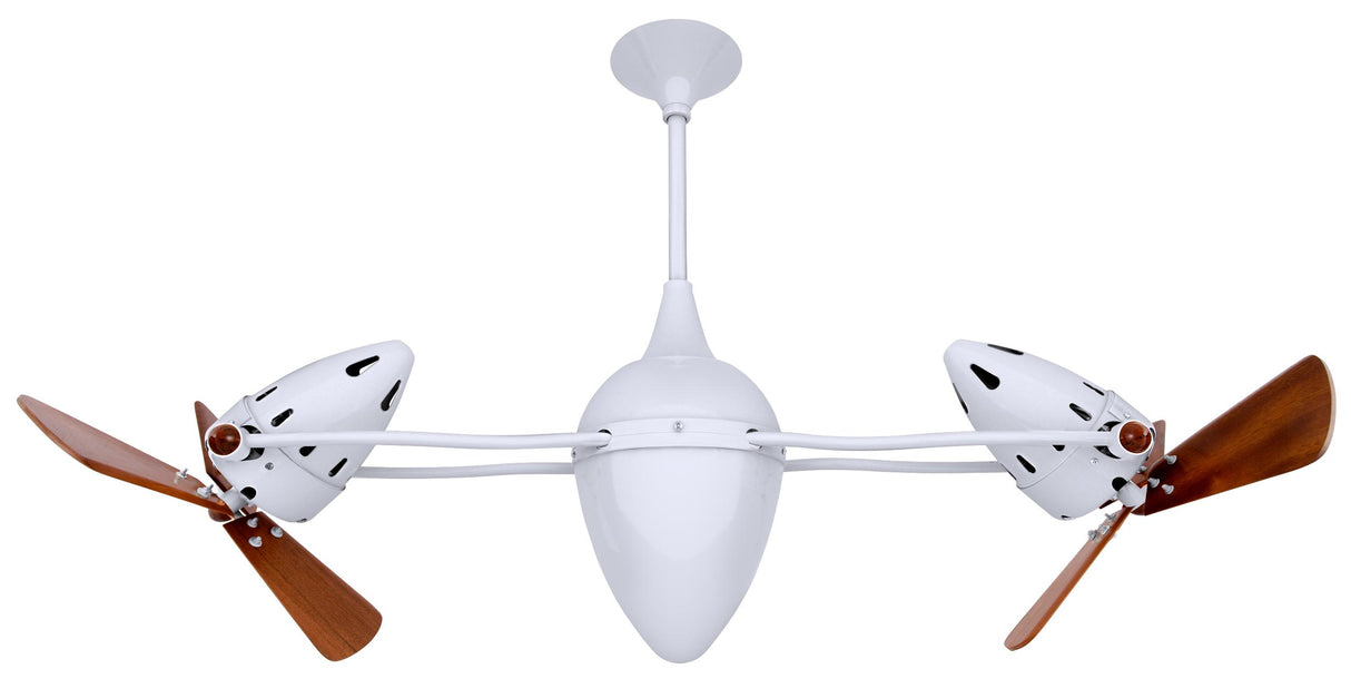 Matthews Fan AR-WH-WD Ar Ruthiane 360° dual headed rotational ceiling fan in gloss white finish with solid sustainable mahogany wood blades.