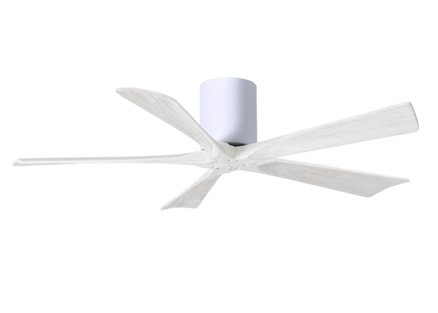 Matthews Fan IR5H-WH-MWH-52 Irene-5H five-blade flush mount paddle fan in Gloss White finish with 52” solid matte white wood blades. 