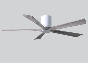 Matthews Fan IR5HLK-WH-BW-60 IR5HLK five-blade flush mount paddle fan in Gloss White finish with 60” solid barn wood tone blades and integrated LED light kit.