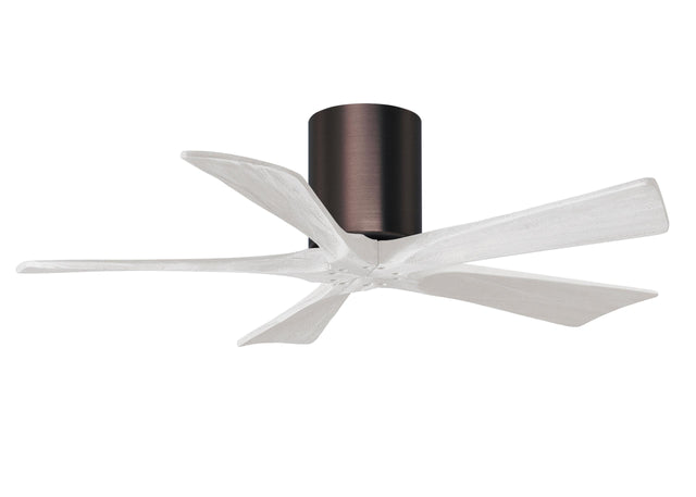 Matthews Fan IR5H-BB-MWH-42 Irene-5H five-blade flush mount paddle fan in Brushed Bronze finish with 42” solid matte white wood blades. 