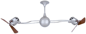 Matthews Fan IV-BN-WD-DAMP Italo Ventania 360° dual headed rotational ceiling fan in brushed nickel finish with solid sustainable mahogany wood blades for damp location.