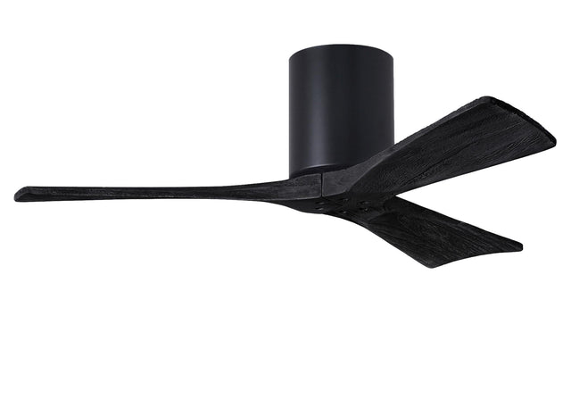 Matthews Fan IR3H-BK-BK-42 Irene-3H three-blade flush mount paddle fan in Matte Black finish with 42” solid matte black wood blades. 