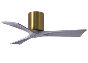 Matthews Fan IR3H-BRBR-BW-42 Irene-3H three-blade flush mount paddle fan in Brushed Brass finish with 42” solid barn wood tone blades. 