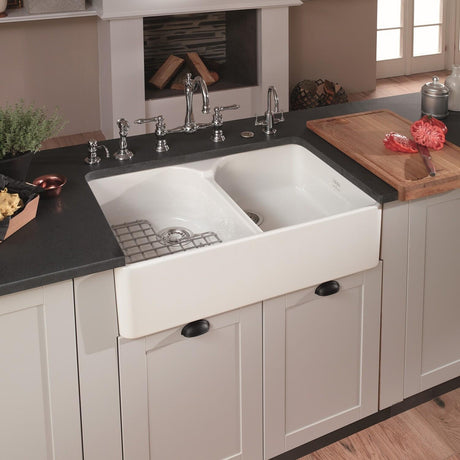 FRANKE MHK720-35WH Manor House 35.5-in. x 21.62-in. White Apron Front Double Bowl Fireclay Kitchen Sink - MHK720-35WH In White