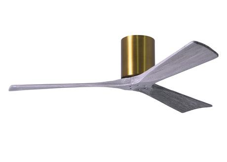 Matthews Fan IR3H-BRBR-BW-52 Irene-3H three-blade flush mount paddle fan in Brushed Brass finish with 52” solid barn wood tone blades. 