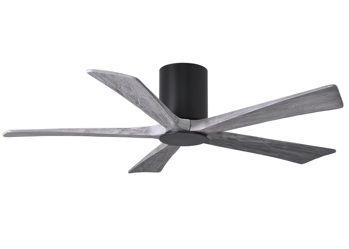 Matthews Fan IR5HLK-BK-BW-52 IR5HLK five-blade flush mount paddle fan in Matte Black finish with 52” solid barn wood tone blades and integrated LED light kit.