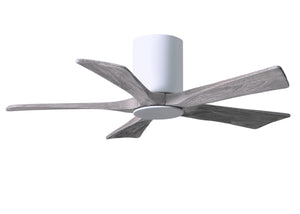 Matthews Fan IR5HLK-WH-BW-42 IR5HLK five-blade flush mount paddle fan in Gloss White finish with 42” solid barn wood tone blades and integrated LED light kit.