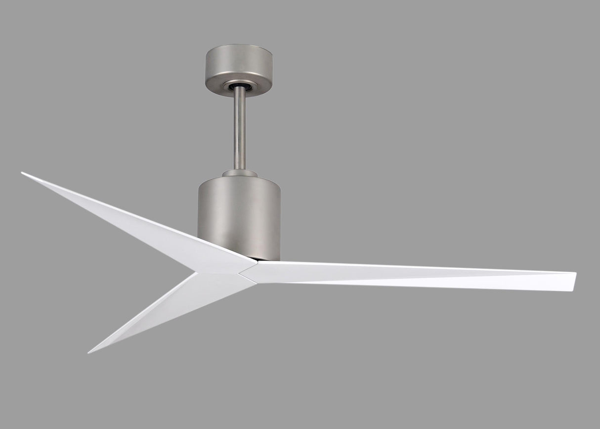 Matthews Fan EK-BN-WH Eliza 3-blade paddle fan in Brushed Nickel finish with gloss white all-weather ABS blades. Optimized for wet locations.