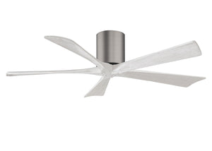 Matthews Fan IR5H-BP-MWH-52 Irene-5H five-blade flush mount paddle fan in Brushed Pewter finish with 52” solid matte white wood blades. 