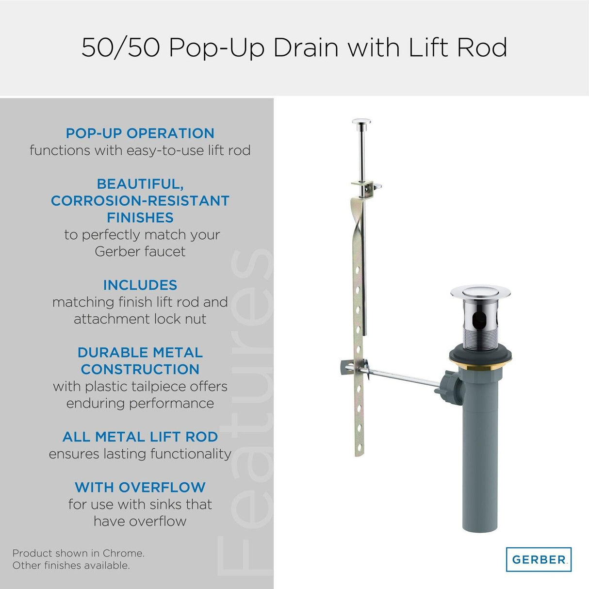 Gerber GA605254BN 1 1/4" 50/50 Pop-up Drain Assembly With Lift Rod - Brushed Nickel