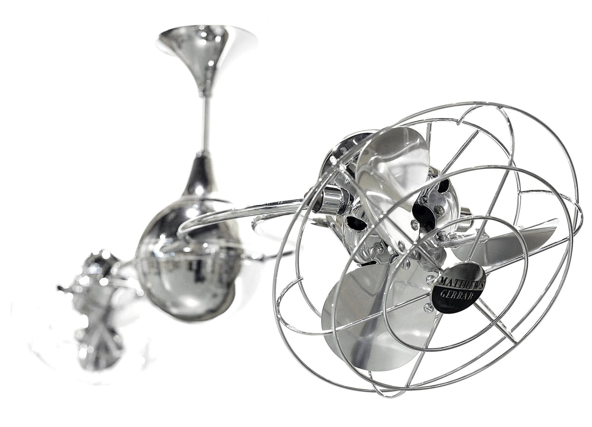 Matthews Fan IV-CR-MTL Italo Ventania 360° dual headed rotational ceiling fan in polished chrome finish with metal blades.