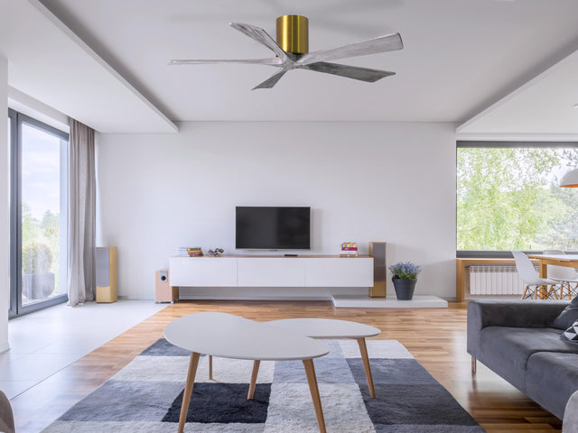 Matthews Fan IR5H-BRBR-BW-42 Irene-5H five-blade flush mount paddle fan in Brushed Brass finish with 42” solid barn wood tone blades. 