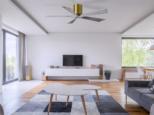 Matthews Fan IR5H-BRBR-BW-60 Irene-5H five-blade flush mount paddle fan in Brushed Brass finish with 60” solid barn wood tone blades. 