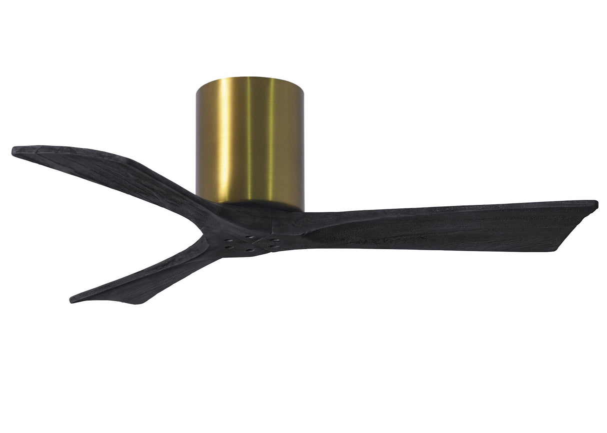 Matthews Fan IR3H-BRBR-BK-42 Irene-3H three-blade flush mount paddle fan in Brushed Brass finish with 42” solid matte black wood blades. 