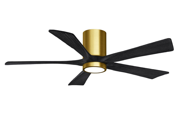 Matthews Fan IR5HLK-BRBR-BK-52 IR5HLK five-blade flush mount paddle fan in Brushed Brass finish with 52” solid barn wood tone blades and integrated LED light kit.