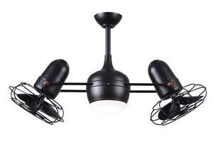 Matthews Fan DGLK-BK-MTL Dagny 360° double-headed rotational ceiling fan with light kit in Matte Black finish with metal blades.