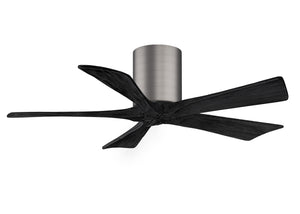 Matthews Fan IR5H-BP-BK-42 Irene-5H five-blade flush mount paddle fan in Brushed Pewter finish with 42” solid matte black wood blades. 