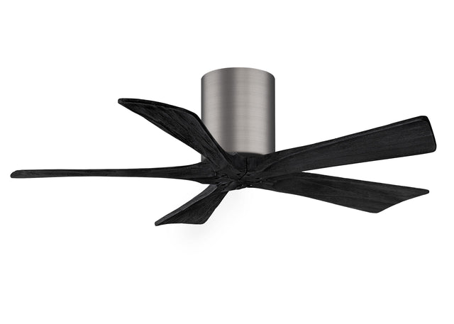 Matthews Fan IR5H-BP-BK-42 Irene-5H five-blade flush mount paddle fan in Brushed Pewter finish with 42” solid matte black wood blades. 