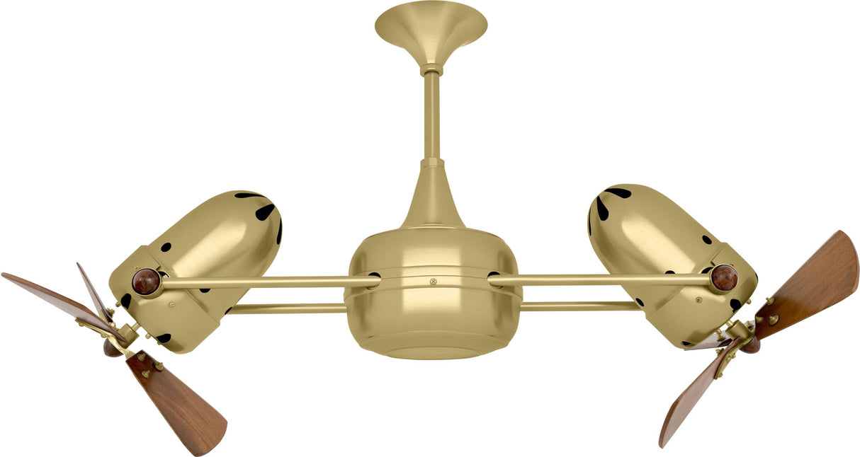 Matthews Fan DD-BRBR-WD Duplo Dinamico 360” rotational dual head ceiling fan in Brushed Brass finish with solid sustainable mahogany wood blades.