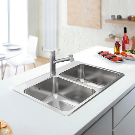 KINDRED QDLA2233-8-1N Steel Queen 33.38-in LR x 22-in FB x 8-in DP Drop In Double Bowl 1-Hole Stainless Steel Kitchen Sink In Satin Finished Bowls with Mirror Finished Rim