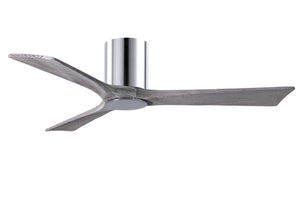 Matthews Fan IR3HLK-CR-BW-52 Irene-3HLK three-blade flush mount paddle fan in Polished Chrome finish with 52” solid barn wood tone blades and integrated LED light kit.