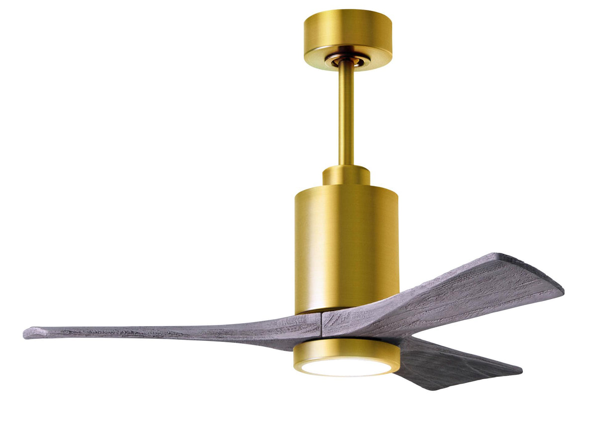 Matthews Fan PA3-BRBR-BW-42 Patricia-3 three-blade ceiling fan in Brushed Brass finish with 42” solid barn wood tone blades and dimmable LED light kit 