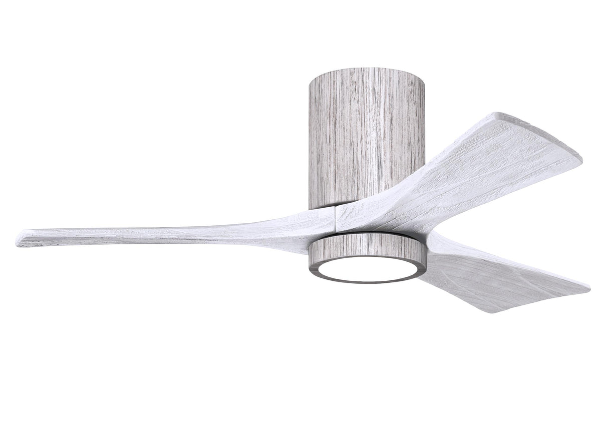 Matthews Fan IR3HLK-BW-MWH-42 Irene-3HLK three-blade flush mount paddle fan in Barn Wood finish with 42” solid matte white wood blades and integrated LED light kit.