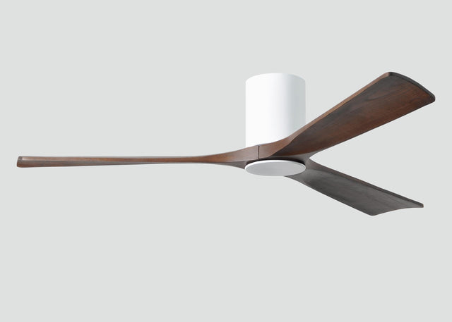 Matthews Fan IR3HLK-WH-WA-60 Irene-3HLK three-blade flush mount paddle fan in Gloss White finish with 60” solid walnut tone blades and integrated LED light kit.