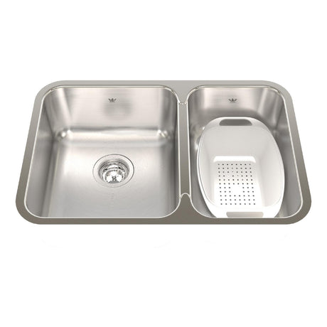 KINDRED QCUA1827R-8N Steel Queen 26.88-in LR x 17.75-in FB x 8-in DP Undermount Double Bowl Stainless Steel Kitchen Sink In Satin Finished Bowls with Silk Finished Rim