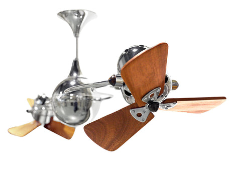 Matthews Fan IV-CR-WD-DAMP Italo Ventania 360° dual headed rotational ceiling fan in polished chrome finish with solid sustainable mahogany wood blades for damp location.