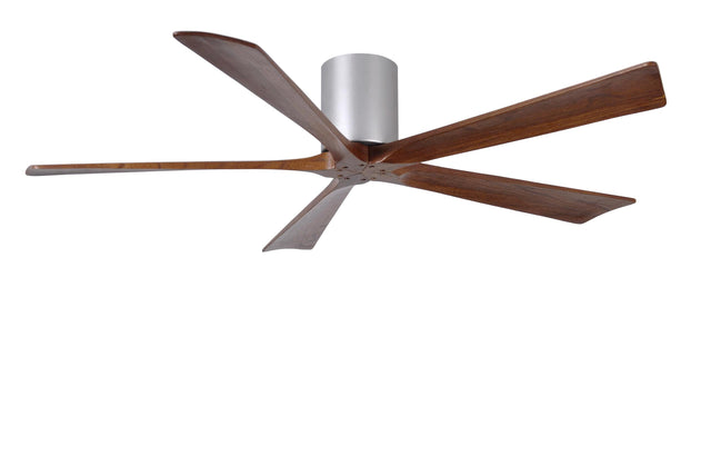 Matthews Fan IR5H-BN-WA-60 Irene-5H five-blade flush mount paddle fan in Brushed Nickel finish with 60” solid walnut tone blades. 