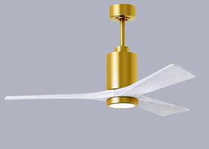 Matthews Fan PA3-BRBR-MWH-52 Patricia-3 three-blade ceiling fan in Brushed Brass finish with 52” solid matte white wood blades and dimmable LED light kit 