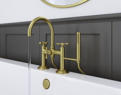 Pfister Brushed Gold Deck Mount 2-handle Tub Filler With Hand Shower LG6-2TBBG