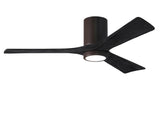 Matthews Fan IR3HLK-TB-BK-52 Irene-3HLK three-blade flush mount paddle fan in Textured Bronze finish with 52” solid matte black wood blades and integrated LED light kit.