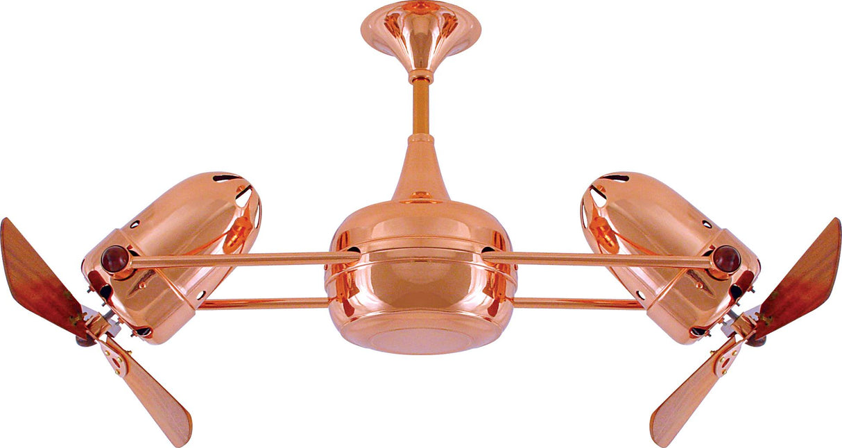 Matthews Fan DD-CP-WD Duplo Dinamico 360” rotational dual head ceiling fan in Polished Copper finish with solid sustainable mahogany wood blades.