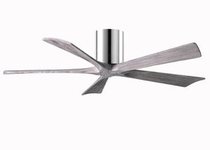 Matthews Fan IR5H-CR-BW-52 Irene-5H five-blade flush mount paddle fan in Polished Chrome finish with 52” solid barn wood tone blades. 