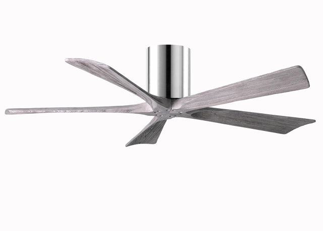 Matthews Fan IR5H-CR-BW-52 Irene-5H five-blade flush mount paddle fan in Polished Chrome finish with 52” solid barn wood tone blades. 