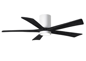 Matthews Fan IR5HLK-WH-BK-52 IR5HLK five-blade flush mount paddle fan in Gloss White finish with 52” solid matte black wood blades and integrated LED light kit.