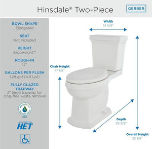 Gerber G0020191 White Hinsdale 1.28 Gpf 12" Rough-in Two-piece Elongated ERGOHEI...