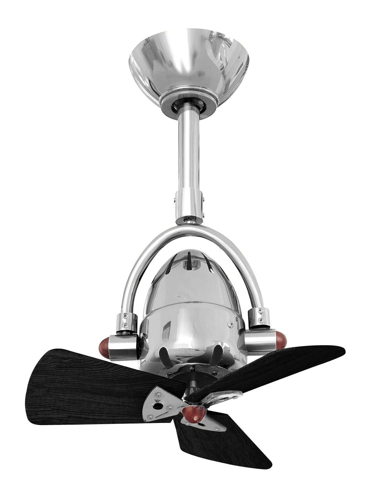 Matthews Fan DI-CR-WDBK Diane oscillating ceiling fan in Polished Chrome finish with solid matte black wood blades.