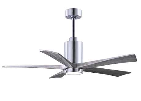 Matthews Fan PA5-CR-BW-52 Patricia-5 five-blade ceiling fan in Polished Chrome finish with 52” solid barn wood tone blades and dimmable LED light kit 