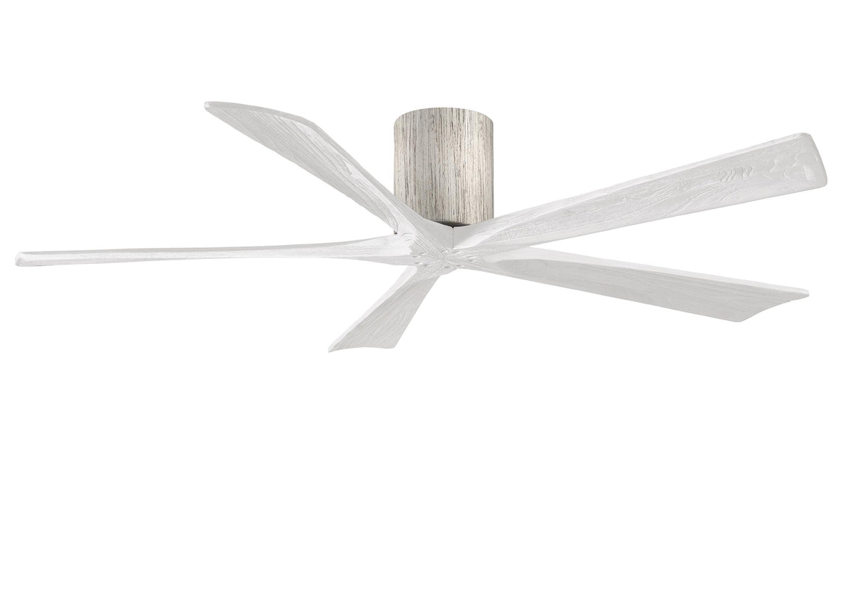 Matthews Fan IR5H-BW-MWH-60 Irene-5H five-blade flush mount paddle fan in Barn Wood finish with 60” solid matte white wood blades. 